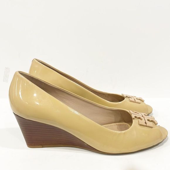 Tory Burch Lowell Genuine Patent Leather Peep Toe Wedge Tan Shoes Sz 9.5 - Picture 7 of 11